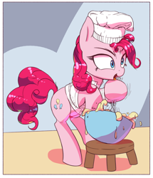 Size: 3000x3489 | Tagged: safe, artist:vultraz, pinkie pie, earth pony, pony, g4, baking, bowl, chef's hat, clothes, dough, egg beater, female, hat, high res, mare, mixing, mixing bowl, open mouth, pinktober, ponerpics import, shirt, solo, stool