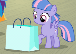 Size: 800x571 | Tagged: safe, screencap, wind sprint, pegasus, pony, g4, animated, bag, book, cute, disappointed, disappointment, female, filly, foal, freckles, gif, present, shopping bag, solo, spread wings, talking, unamused, wind sprint is not amused, wings