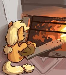 Size: 455x518 | Tagged: safe, artist:plunger, applejack, earth pony, pony, g4, applejack's hat, clothes, cowboy hat, drawthread, female, fire, fireplace, hat, mare, ponified, ponified animal photo, ponybooru import, reference in the comments, sitting, solo
