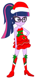 Size: 813x1816 | Tagged: safe, artist:fireluigi29, sci-twi, twilight sparkle, human, equestria girls, g4, bare shoulders, boots, christmas, clothes, dress, fall formal outfits, female, glasses, hat, high heel boots, holiday, santa hat, shoes, simple background, sleeveless, solo, strapless, transparent background