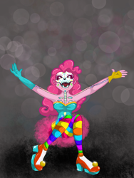 Size: 1620x2160 | Tagged: safe, artist:weegeepie-nightring, derpibooru exclusive, pinkie pie, human, g4, bodypaint, bone, boots, clothes, corset, costume, dress, evening gloves, face paint, female, fingerless gloves, gloves, halloween, halloween costume, high heel boots, holiday, humanized, long gloves, open mouth, pony coloring, rainbow socks, shoes, skeleton, skull, socks, solo, stockings, striped socks, thigh highs