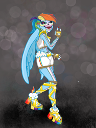Size: 1620x2160 | Tagged: safe, artist:weegeepie-nightring, derpibooru exclusive, rainbow dash, human, g4, alternate hairstyle, belt, bodypaint, bone, clothes, costume, devil horn (gesture), face paint, feet, female, fingerless gloves, gloves, halloween, halloween costume, holiday, humanized, nail polish, open mouth, pony coloring, ponytail, sandals, shoes, short shirt, shorts, skeleton, skull, solo, toenail polish, toes, winged humanization, wings