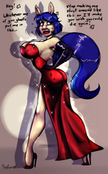 Size: 2095x3380 | Tagged: safe, artist:sutibaruart, colorist:milkymint, oc, oc only, oc:monique, ghost, undead, anthro, body control, clothes, dress, high heels, high res, jessica rabbit dress, open-back dress, possessed, red dress, shoes, side slit, strapless, strapless dress, total sideslit