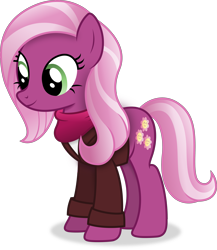 Size: 3347x3862 | Tagged: safe, artist:anime-equestria, cheerilee, earth pony, pony, g4, alternate hairstyle, clothes, female, green eyes, high res, jacket, mare, scarf, simple background, smiling, solo, transparent background, vector, younger