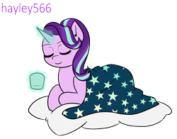 Size: 2375x1865 | Tagged: safe, artist:hayley566, starlight glimmer, pony, unicorn, g4, blanket, comfy, drink, eyes closed, female, glowing, glowing horn, horn, lying down, magic, ponytober, simple background, smiling, solo, stars, telekinesis, transparent background