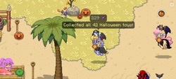 Size: 1600x720 | Tagged: safe, artist:topsangtheman, cloud kicker, bat, pegasus, pony, pony town, g4, barrel, candle, clothes, costume, halloween, holiday, jack-o-lantern, leaves, palm tree, pumpkin, rock, tree, witch