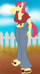 Size: 698x1280 | Tagged: safe, artist:prismawielder, apple bloom, earth pony, anthro, plantigrade anthro, g4, arm behind head, barefoot, belly button, big feet, breasts, busty apple bloom, cleavage, feet, female, front knot midriff, grin, midriff, nail polish, older, older apple bloom, smiling, solo, toenail polish
