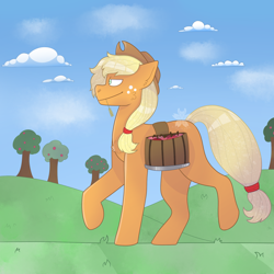 Size: 1890x1890 | Tagged: safe, artist:padfoottg, applejack, earth pony, pony, g4, apple, apple basket, apple tree, female, solo, straw in mouth, tree