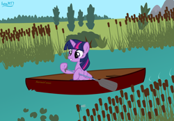 Size: 4478x3118 | Tagged: safe, artist:ironm17, twilight sparkle, alicorn, pony, g4, canoe, cattails, female, high res, hoof hold, mare, paddle, reeds, solo, twilight sparkle (alicorn), water