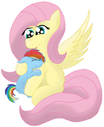 Size: 1280x1563 | Tagged: safe, artist:zeccy-zebra, fluttershy, rainbow dash, pegasus, pony, g4, age regression, cute, dashabetes, eyes closed, female, filly, filly rainbow dash, floppy ears, foal, hug, lesbian, mare, missing cutie mark, ponytober, ship:flutterdash, shipping, shyabetes, simple background, transparent background, wingless, younger