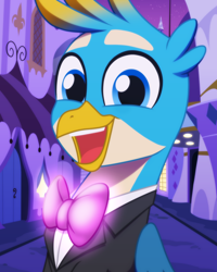 Size: 2048x2560 | Tagged: safe, artist:whitequartztheartist, gallus, griffon, g4, bowtie, clothes, cute, gallabetes, happy, high res, night, open mouth, open smile, smiling, solo, suit, tuxedo