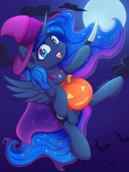 Size: 2700x3600 | Tagged: safe, artist:stravy_vox, princess luna, alicorn, pony, g4, cloud, flying, halloween, hat, high res, holiday, knife, looking at you, pumpkin, smiling, solo, witch hat
