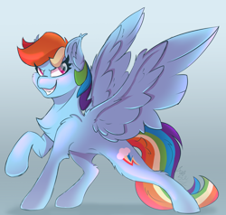 Size: 2000x1900 | Tagged: safe, artist:starcasteclipse, rainbow dash, pegasus, pony, g4, chest fluff, colored, ear fluff, female, leg fluff, mare, raised hoof, slender, smiling, smirk, solo, spread wings, standing, teeth, thin, wing fluff, wings