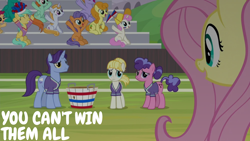 Size: 1920x1080 | Tagged: safe, edit, edited screencap, editor:quoterific, screencap, auburn vision, berry blend, berry bliss, buddy, carrot top, creamy nougat, fluttershy, frying pan (g4), golden harvest, november rain, peppermint goldylinks, summer breeze, summer meadow, sunshower raindrops, twinkleshine, earth pony, pegasus, pony, unicorn, 2 4 6 greaaat, g4, background pony, background pony audience, buckball, buckball uniform, bucket, cheering, encouragement, flag, friendship student, frown, hat, las pegasus resident, male, open mouth, open smile, sad, smiling, stallion, text