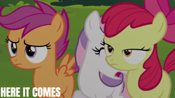 Size: 1280x720 | Tagged: safe, edit, edited screencap, editor:quoterific, screencap, apple bloom, scootaloo, sweetie belle, earth pony, pegasus, pony, unicorn, g4, twilight time, blank flank, cutie mark crusaders, eyes closed, female, filly, foal, open mouth, spread wings, wings