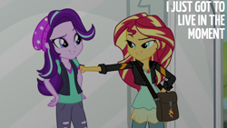 Size: 1920x1080 | Tagged: safe, edit, edited screencap, editor:quoterific, screencap, starlight glimmer, sunset shimmer, human, equestria girls, equestria girls specials, g4, mirror magic, duo, lidded eyes, lip bite, looking at each other, looking at someone, raised eyebrow, smiling, text
