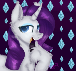 Size: 1171x1106 | Tagged: safe, artist:4agonism, rarity, pony, unicorn, g4, abstract background, bedroom eyes, bust, cheek fluff, chest fluff, cloven hooves, colored hooves, curved horn, ear fluff, eyeshadow, female, hoof fluff, hoof on chest, horn, lidded eyes, looking sideways, makeup, mare, open mouth, open smile, raised hoof, smiling, solo, unshorn fetlocks