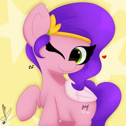 Size: 3000x3000 | Tagged: safe, artist:daftramms, pipp petals, pegasus, pony, g5, adorapipp, cute, fanart, headband, heart, high res, jewelry, looking at you, one eye closed, raised hoof, simple background, smiling, solo, wink, winking at you