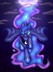 Size: 1517x2048 | Tagged: safe, artist:chilif, princess luna, alicorn, pony, g4, female, full face view, full moon, glowing, glowing horn, hair over one eye, horn, looking at you, mare, moon, night, raised hoof, smug, solo, spread wings, wings