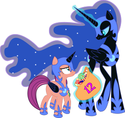 Size: 1371x1291 | Tagged: safe, anonymous artist, nightmare moon, sunny starscout, alicorn, pony, mlp fim's twelfth anniversary, g4, g5, my little pony: tell your tale, nightmare night party, spoiler:g5, spoiler:my little pony: tell your tale, spoiler:tyts01e30, .svg available, bag, candy, clothes, colored, concave belly, cosplay, costume, duo, eyelashes, female, flat colors, folded wings, food, g5 to g4, generation leap, glowing, glowing horn, height difference, helmet, hoof shoes, horn, long horn, looking at each other, looking at someone, magic, mare, nightmare moon armor, nightmare night costume, nightmare sunny, peytral, physique difference, princess shoes, raised hoof, simple background, slim, svg, tall, telekinesis, thin, three quarter view, transparent background, vector, wings