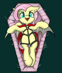 Size: 2200x2600 | Tagged: safe, artist:dumbwoofer, fluttershy, bat pony, pegasus, pony, undead, vampire, g4, bat ponified, bondage, bondage harness, clothes, coffin, costume, dracula, fangs, flutterbat, halloween, halloween costume, harness, high res, holiday, race swap, solo, spooky, tack, tongue out