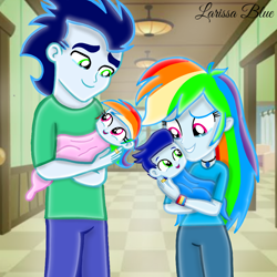 Size: 1000x1000 | Tagged: safe, artist:mlplary6, rainbow dash, soarin', oc, oc:blue skies, oc:speedy dash, human, equestria girls, g4, baby, carrying, crying, family, female, husband and wife, male, momma dash, newborn, offspring, parent:rainbow dash, parent:soarin', parents:soarindash, ship:soarindash, shipping, siblings, smiling, straight, twins