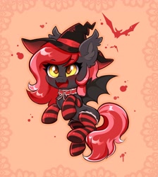 Size: 3299x3676 | Tagged: safe, artist:confetticakez, oc, oc only, oc:strawberry stylus, bat pony, pony, blood, choker, clothes, flying, hat, high res, open mouth, open smile, smiling, socks, solo, spread wings, striped socks, thigh highs, wings, witch hat