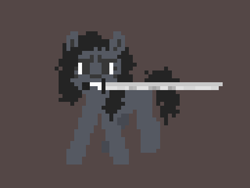 Size: 512x384 | Tagged: safe, artist:longsword, derpibooru exclusive, oc, oc only, earth pony, pony, abstract background, battle stance, female, gray coat, mare, messy hair, messy mane, messy tail, mouth hold, pixel art, solo, sword, tail, weapon