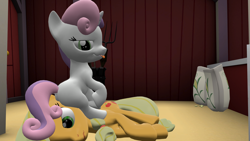 Size: 3840x2160 | Tagged: artist needed, source needed, safe, applejack, sweetie belle, earth pony, pony, unicorn, g4, 3d, :p, butt, female, filly, foal, foaldom, high res, lesbian, mare, plot, shipping, sitting on head, sitting on person, smug, source filmmaker, sweet apple acres barn, sweetie butt, sweetiejack, tongue out