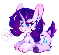 Size: 880x816 | Tagged: safe, artist:rugr, rarity, hybrid, pony, rabbit, unicorn, g4, :t, animal, bunnified, bunny ears, chest fluff, cross-popping veins, dock, emanata, female, mare, paws, rabbity, simple background, solo, species swap, tail, white background