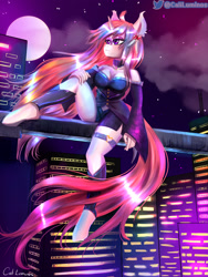 Size: 2324x3098 | Tagged: safe, artist:cali luminos, oc, oc only, unicorn, anthro, unguligrade anthro, artist, breasts, city, cleavage, clothes, commission, dress, female, high res, night, retrowave, solo, suit