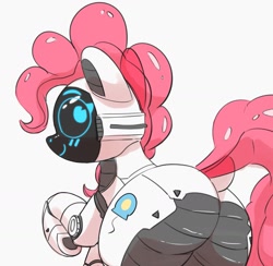 Size: 1593x1556 | Tagged: safe, artist:pabbley, pinkie pie, pony, robot, robot pony, g4, balloonbutt, butt, dock, female, large butt, looking at you, looking back, looking back at you, mare, pinkie bot, plot, raised hoof, rear view, roboticization, simple background, smiling, smiling at you, solo, tail, white background
