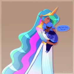 Size: 2362x2362 | Tagged: safe, artist:syrupyyy, princess celestia, princess luna, human, g4, carrying, comforting, crying, dark skin, dialogue, duo, elf ears, female, high res, humanized, moderate dark skin, ponytober, royal sisters, siblings, sisters, smol, woona, young, young luna, younger