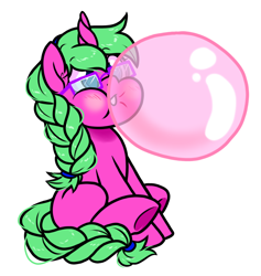 Size: 946x996 | Tagged: safe, artist:paperbagpony, oc, oc:raspberry tart, pony, unicorn, blank flank, blowing bubblegum, blushing, braid, bubblegum, commissioner:puffydearlysmith, cute, female, filly, foal, food, glasses, gum, horn, simple background, unicorn oc, white background