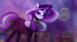 Size: 2816x1536 | Tagged: safe, ai assisted, ai content, generator:pony diffusion v1, generator:stable diffusion, prompter:siber, starlight glimmer, pony, g4, clothes, dress, female, looking at you, mare, solo, steampunk, the quality of ai art is frightening