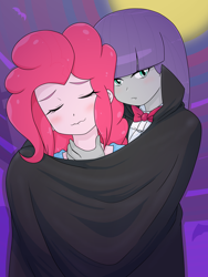 Size: 1668x2224 | Tagged: safe, artist:batipin, maud pie, pinkie pie, human, undead, vampire, equestria girls, g4, clothes, costume, dracula, duo, eyes closed, female, halloween, halloween costume, holiday, lip bite, parody, siblings, sisters