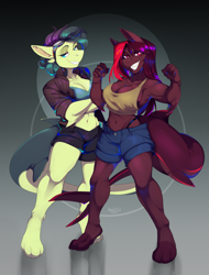 Size: 2457x3241 | Tagged: source needed, safe, artist:hakkids2, oc, oc only, oc:adroga, oc:aulax, original species, shark, shark pony, anthro, digitigrade anthro, breasts, clothes, crossed arms, duo, female, high res, muscles, muscular female, panties, shorts, thong, underwear