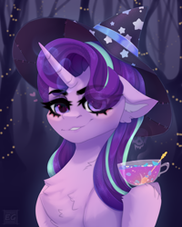 Size: 1724x2160 | Tagged: safe, artist:elektra-gertly, starlight glimmer, pony, unicorn, g4, chest fluff, ear fluff, eye clipping through hair, eyebrows, eyebrows visible through hair, food, forest, glowing, glowing horn, hat, heart, horn, poison, skull, solo, tea, witch hat