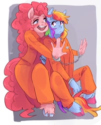 Size: 832x1024 | Tagged: safe, artist:dmitrymemovznok, pinkie pie, rainbow dash, anthro, unguligrade anthro, g4, blushing, clothes, cuffed, cuffs, duo, excited, hesitant, jumpsuit, never doubt rainbowdash69's involvement, prison outfit, prisoner pp, prisoner rd, unshorn fetlocks, varying degrees of want