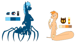 Size: 8019x4512 | Tagged: safe, artist:emc-blingds, oc, oc only, oc:orange fluff, oc:spinners, lamia, monster pony, original species, spiderpony, anthro, duo, reference sheet, simple background, smiling, transparent background