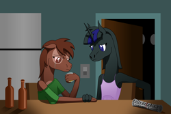 Size: 4384x2928 | Tagged: safe, artist:emc-blingds, oc, earth pony, unicorn, anthro, clothes, crying, duo, earth pony oc, female, horn, indoors, story included, unicorn oc