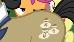 Size: 1920x1080 | Tagged: safe, screencap, apple bloom, filthy rich, scootaloo, earth pony, pegasus, pony, g4, my little pony: friendship is magic, on your marks, season 6, cutie mark, dollar sign, female, filly, foal, lidded eyes, male, out of context, stallion, trio