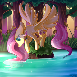 Size: 1976x1993 | Tagged: safe, artist:yuris, fluttershy, pegasus, pony, g4, ear fluff, ears back, female, forest, lake, open mouth, reeds, solo, spread wings, sunset, water, wings