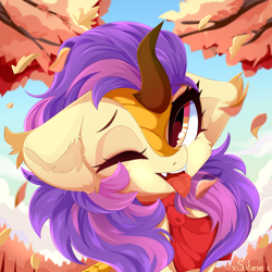 Size: 4000x4000 | Tagged: safe, artist:xsatanielx, oc, oc only, kirin, pony, absurd resolution, clothes, eyebrows, female, kirin oc, leaves, looking at you, one eye closed, solo, tongue out, wink, winking at you