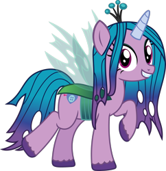 Size: 2243x2316 | Tagged: safe, artist:sketchmcreations, izzy moonbow, queen chrysalis, changeling, changeling queen, mlp fim's twelfth anniversary, g4, g5, clothes, costume, crown, eyeshadow, female, g5 to g4, generation leap, grin, high res, jewelry, looking at you, makeup, mare, nightmare night costume, raised hoof, regalia, simple background, smiling, solo, transparent background, vector, wings