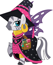 Size: 3000x3668 | Tagged: safe, artist:cloudy glow, zecora, zebra, g4, .ai available, bag, book, cape, clothes, costume, female, high res, leg rings, looking at you, neck rings, nightmare night, saddle bag, simple background, smiling, solo, transparent background, vector