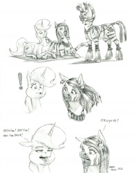 Size: 1100x1419 | Tagged: safe, artist:baron engel, oc, oc:petina, pony, unicorn, zebra, female, male, mare, monochrome, pencil drawing, story included, traditional art, zebra oc