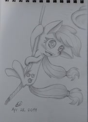 Size: 1484x2048 | Tagged: safe, artist:mcpearly, applejack, earth pony, pony, g4, monochrome, open mouth, open smile, smiling, solo, swinging, traditional art