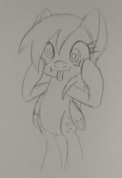 Size: 1406x2048 | Tagged: safe, artist:mcpearly, derpy hooves, pegasus, pony, g4, :p, derp, hooves on cheeks, monochrome, sketch, solo, tongue out, traditional art