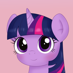 Size: 1024x1024 | Tagged: safe, ai assisted, ai content, artist:sparkfler85, generator:thisponydoesnotexist, part of a set, twilight sparkle, pony, unicorn, g4, ai interpretation, blushing, bust, cute, female, looking at you, mare, pink background, portrait, redraw, reference in the description, simple background, smiling, smiling at you, solo